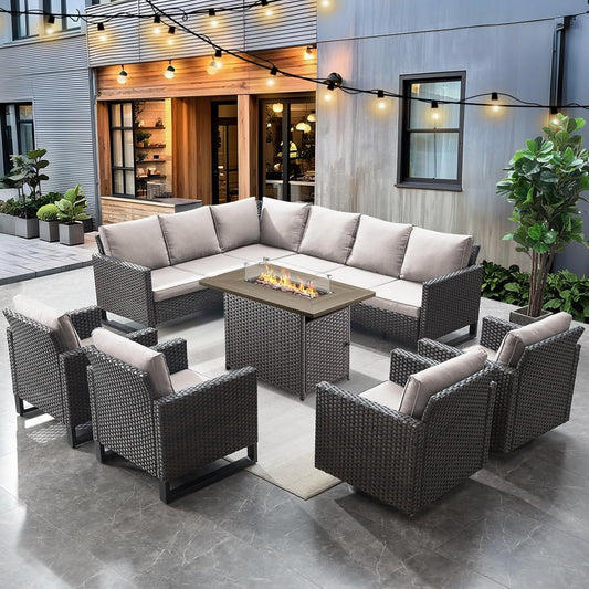 HUMMUH 8 Piece Patio Furniture with Fire Pit,PE Wicker Outdoor Conversation Sets-6-Seater Sofa,Patio Swivel Chairs Outdoor Chairs, Propane Fire Pit,Side Table for Porch,Garden,Backyard(Brown/Beige)