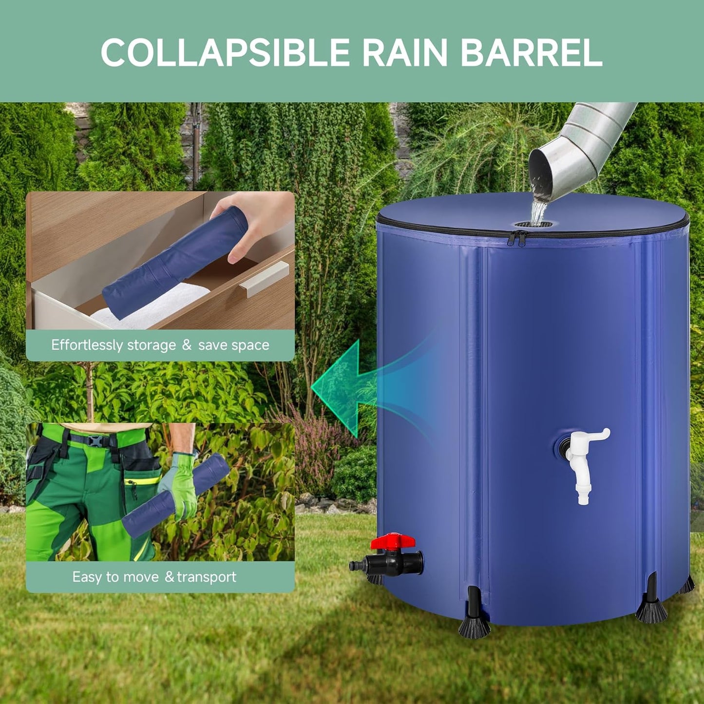 Collapsible Rain Barrel Water Storage Containers-53 Gallon Portable Rainwater Collect System Water Tank to Collect Rainwater from Gutter Downspout Water Catcher with Spigots,Filter＆Overflow Kits