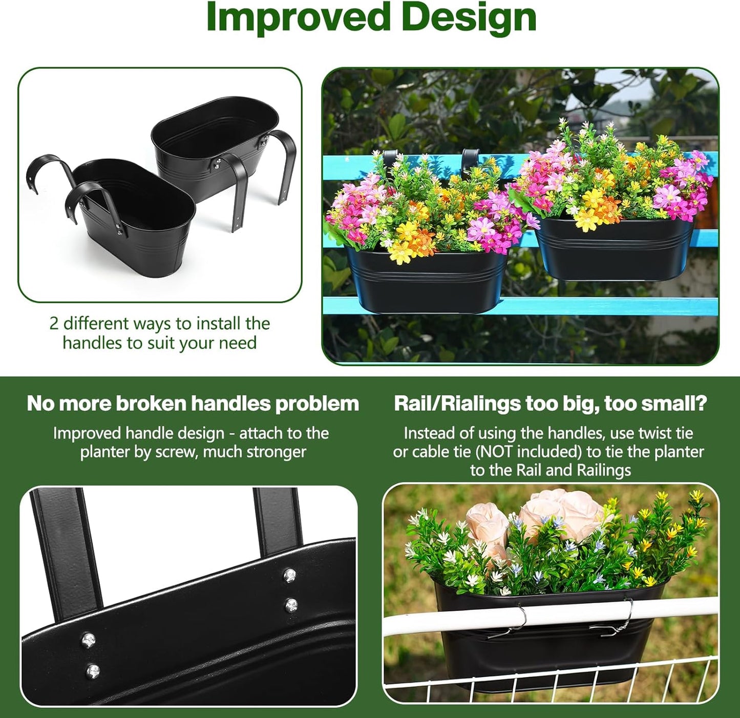 5 Pcs Hanging Planter Railing Planter Box Metal Iron Window Boxes Planters for Outdoor Plants Balcony Planter Fence Planters with Detachable Hooks for Herb Garden Planter Outdoor(Matte Black)