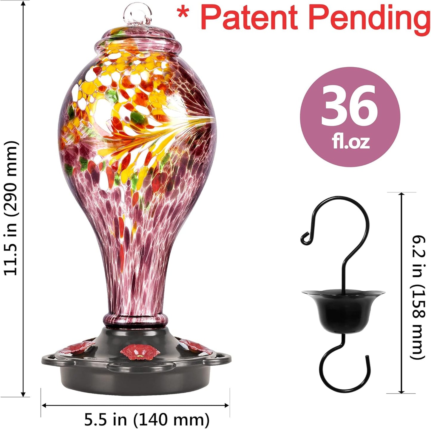 LUJII Hand Blown Glass Hummingbird Feeder for Outdoors Hanging with Ant Guard, 36 fl.oz, Leak Proof & Rustproof, Metal Base with 5 Feeding Ports & 5 Perches, Unique Garden & Backyard Decor (Purple)