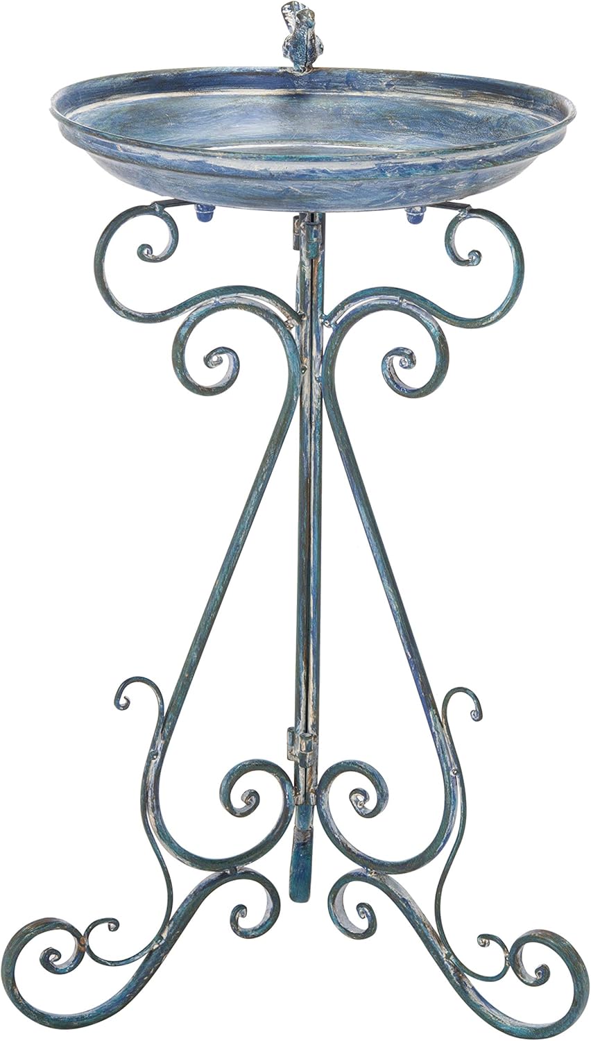 SAFAVIEH Outdoor Collection Ashlan Antique Blue Victorian Scroll Iron Garden Patio Backyard Charming Bird Bath