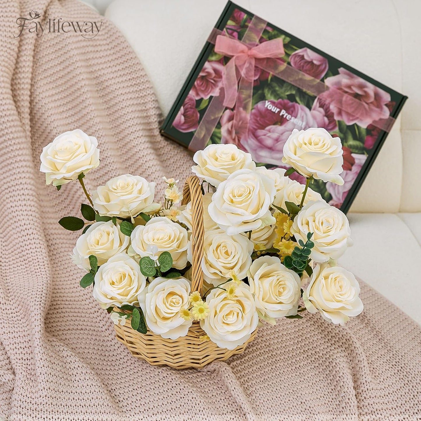 20PCS Artificial Roses Flowers, 3.9'' Silk Flower Head Fake Champagne Rose with Long Stems, Realistic Faux Roses Bouquet for DIY Wedding Home Party Office Decoration