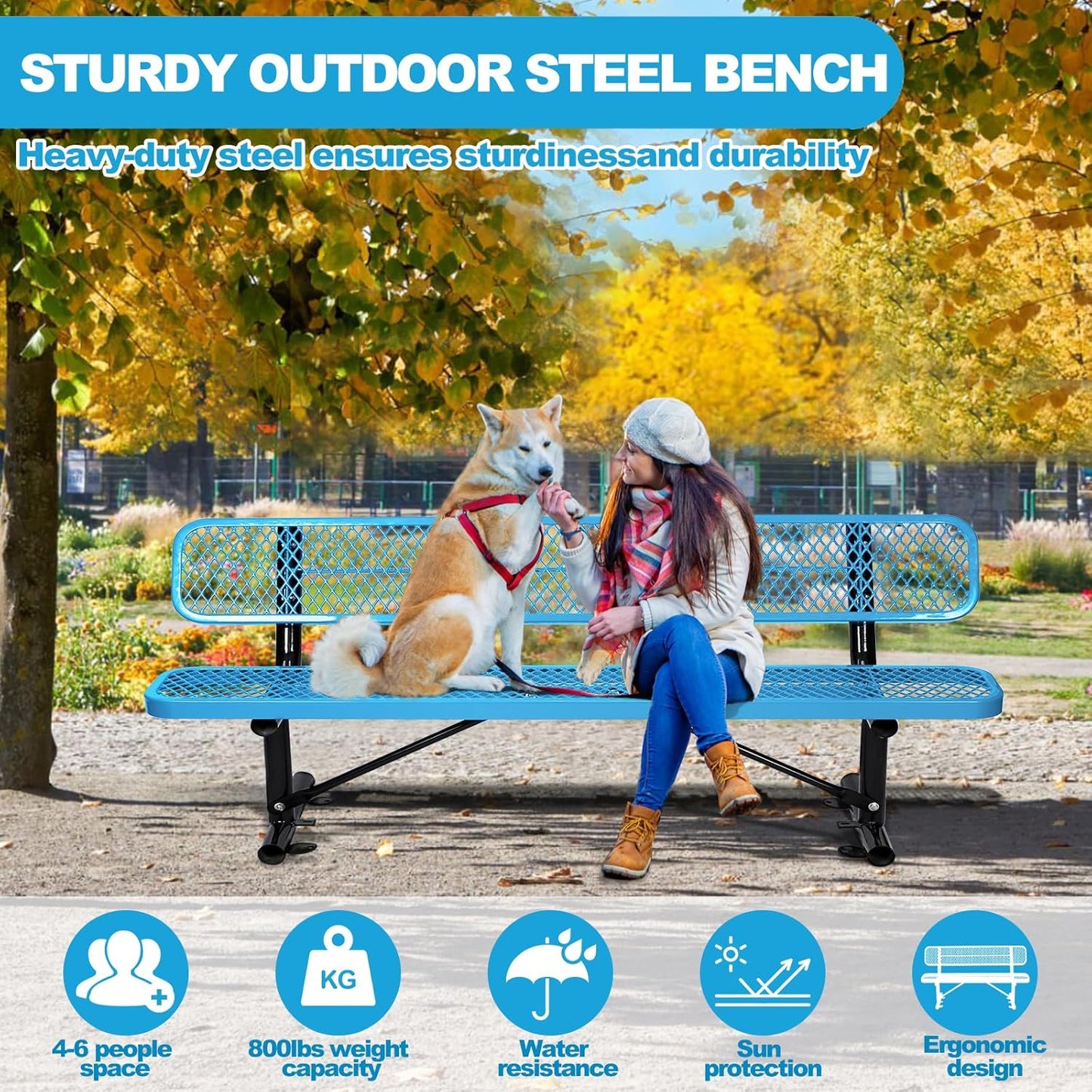 8Ft Outdoor Bench with Back Portable Frame, Outdoor Steel Park Bench with Backrest, Expanded Metal Mesh Bench for Outside, Lawn, Backyard, Park, Garden, Patio, Porch, Blue