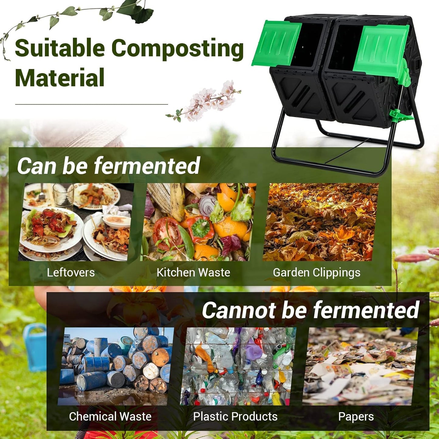 Goplus Compost Bin, Dual Chamber 34.5 Gal Compost Tumbler with 2 Rotating Chambers, Sliding Doors, High-Volume Outdoor Garden Composter, Rotating Composting Bin for Garden Yard, BPA Free