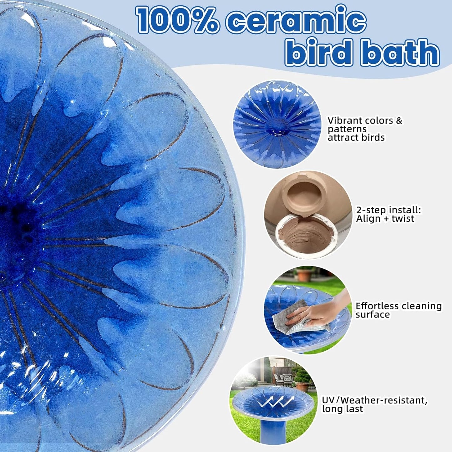 Ceramic Bird Bath for Outdoors – 18" H Birdbath Tool-Free Assembly, Hand-Glazed Earthenware with Non-Slip Bowl, Weather-Proof Sturdy Pedestal Design, Garden Decor (Blue)