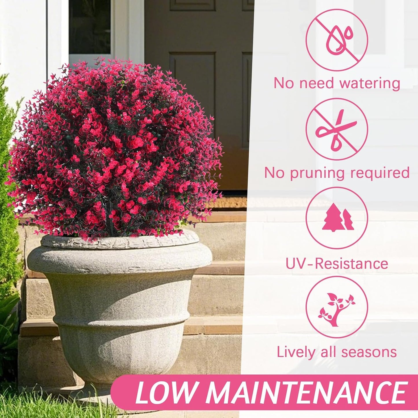 Yunlly 6 Pcs 18 Inch Artificial Boxwood Ball Topiary Tree Fake Outdoor Plants Bush, UV Resistance Faux Shrubs with Spike Realistic Greenery Potted for Indoor Garden Yard Porch Patio Decor (Rose Red)