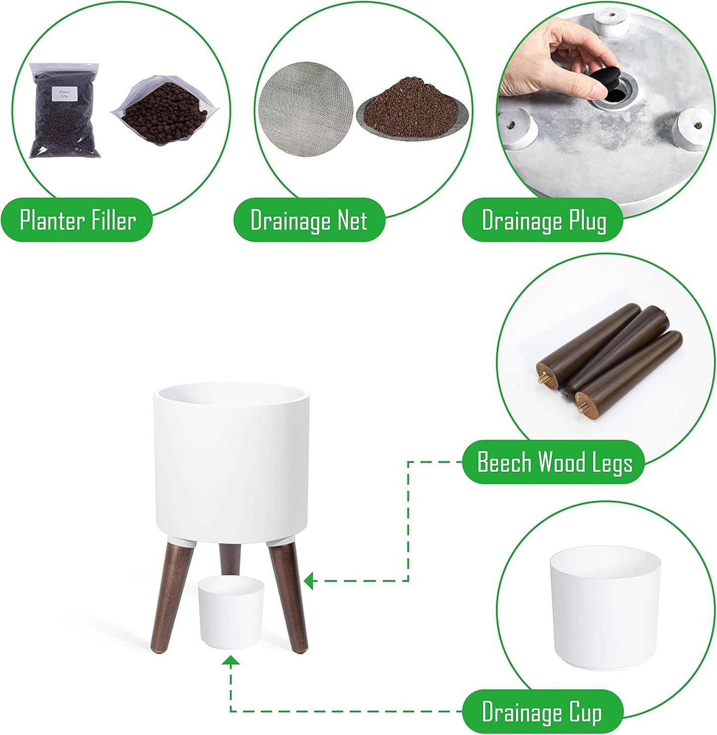 D'vine Dev 8 Inch Planter Pot with Stand, Mid-Century Tall Plant Pot with Legs for Indoor Plants, Small, White, 88-O-A-1