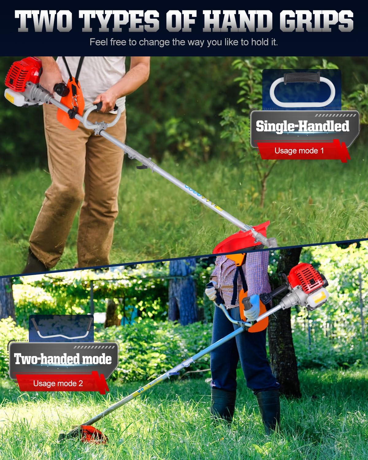 52cc Gas Powered Weed Eater and Brush Cutter 3-in-1, Heavy Duty Straight Shaft String Trimmer with Harness and 2 Heads for Tough Weeds, Grass, and Land Clearing (PT6082)