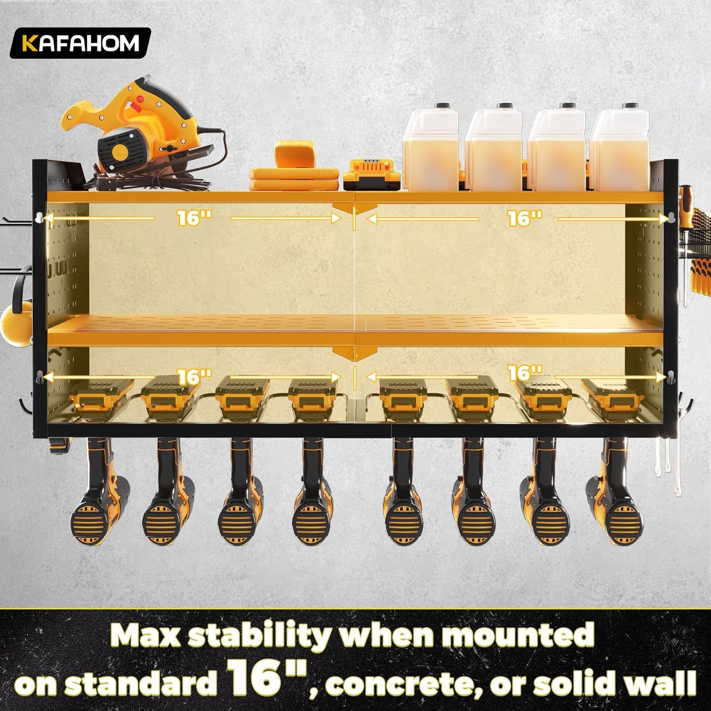 KAFAHOM Power Tool Organizer,Large 8 Drill Holder Wall Mount with 2 Side Pegboards,Metal Tool Shelf with 12 Hooks,Storage Rack for Garage Organization,Utility Cordless Drill Holder - Yellow