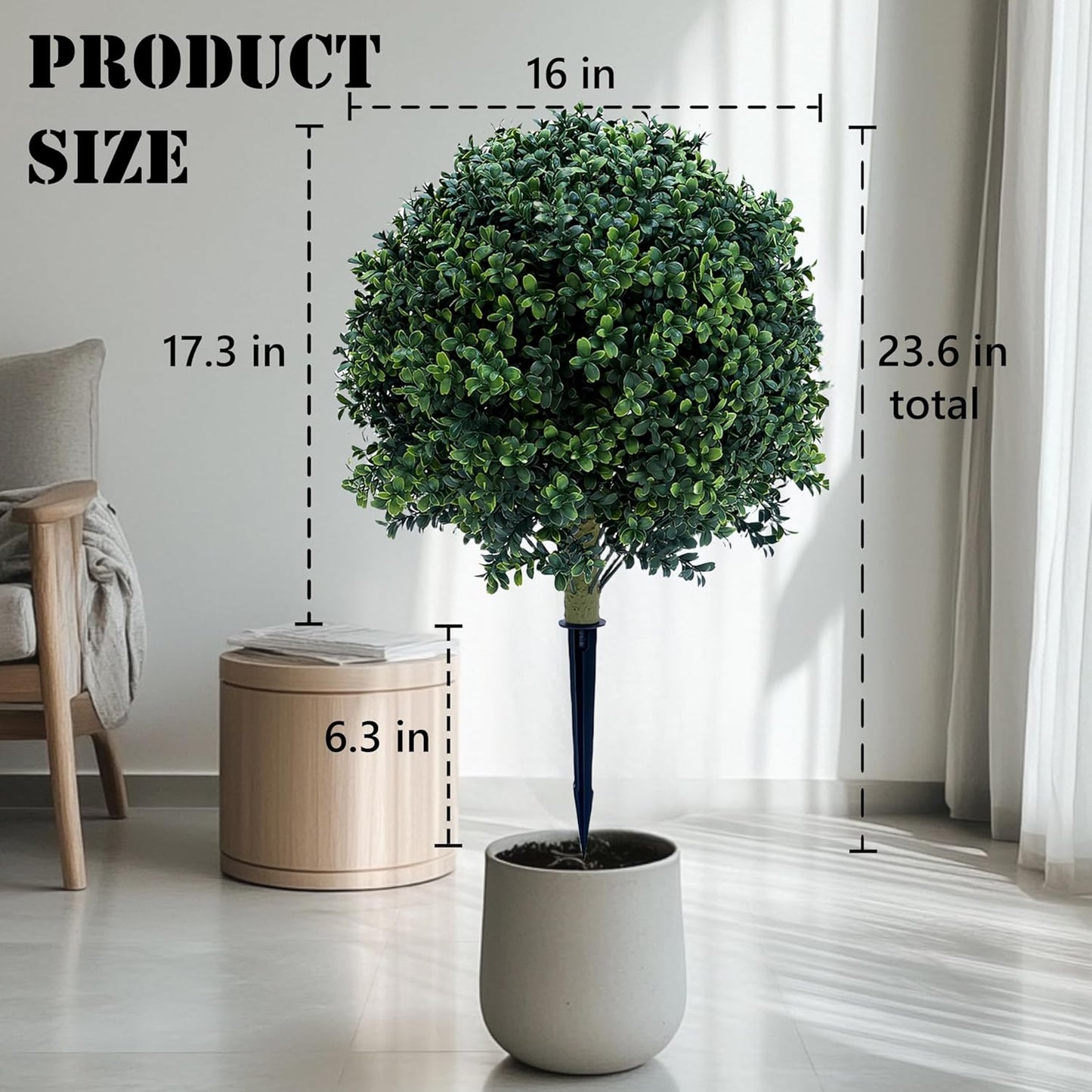 23.6 Inches Artificial Boxwood Topiary Ball Trees for Outdoor with Ground Spike, Faux Bushes UV Resistant Faux Greenery Shrubs, Fake Boxwood Plants for Indoor, Front Porch Decor, Garden, Yard