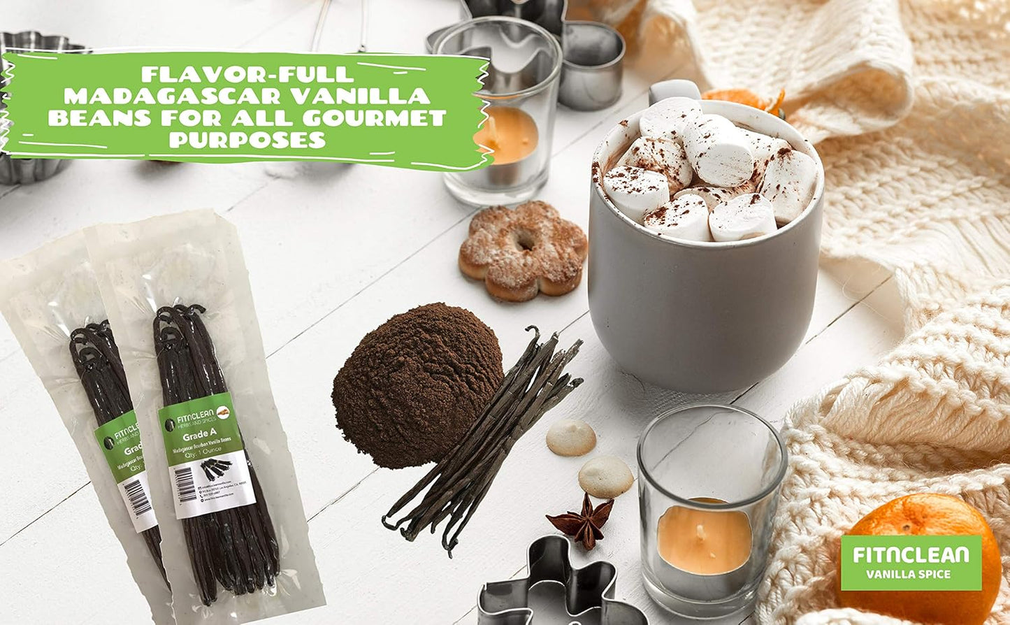 8oz Madagascar Organic Vanilla Beans Grade A. Certified USDA Organic. Fresh 6"-8" for Cooking, Baking and Extract by FITNCLEAN VANILLA| 0.5 lb Bulk NON-GMO Whole Bourbon Gourmet Pods.