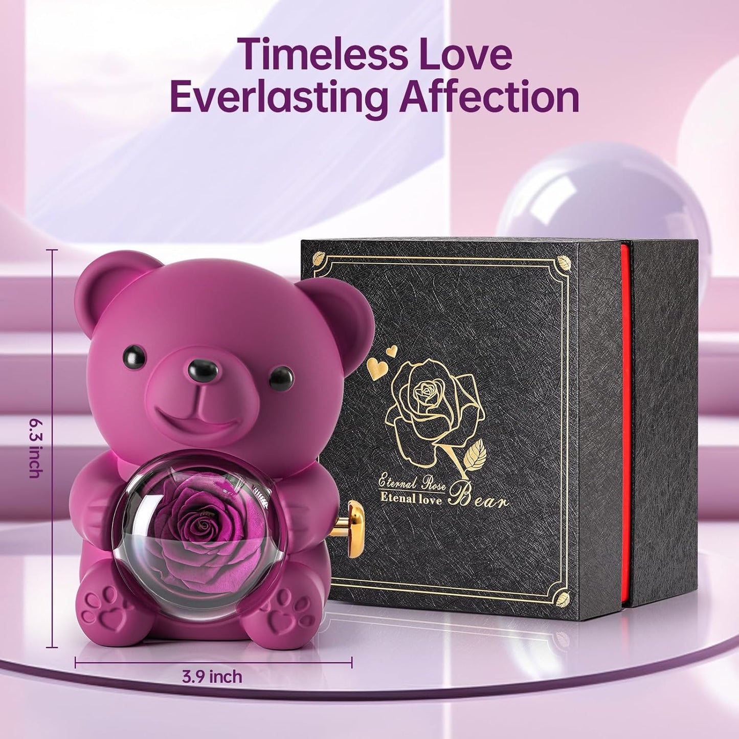 Cute Teddy Bear with Preserved Rose - A Real Rose Flower in Bear with Elegant Gift Box - Romantic Gift for Her in Mother's Day, Weddings, Anniversaries, and Bridal Showers (Purple)
