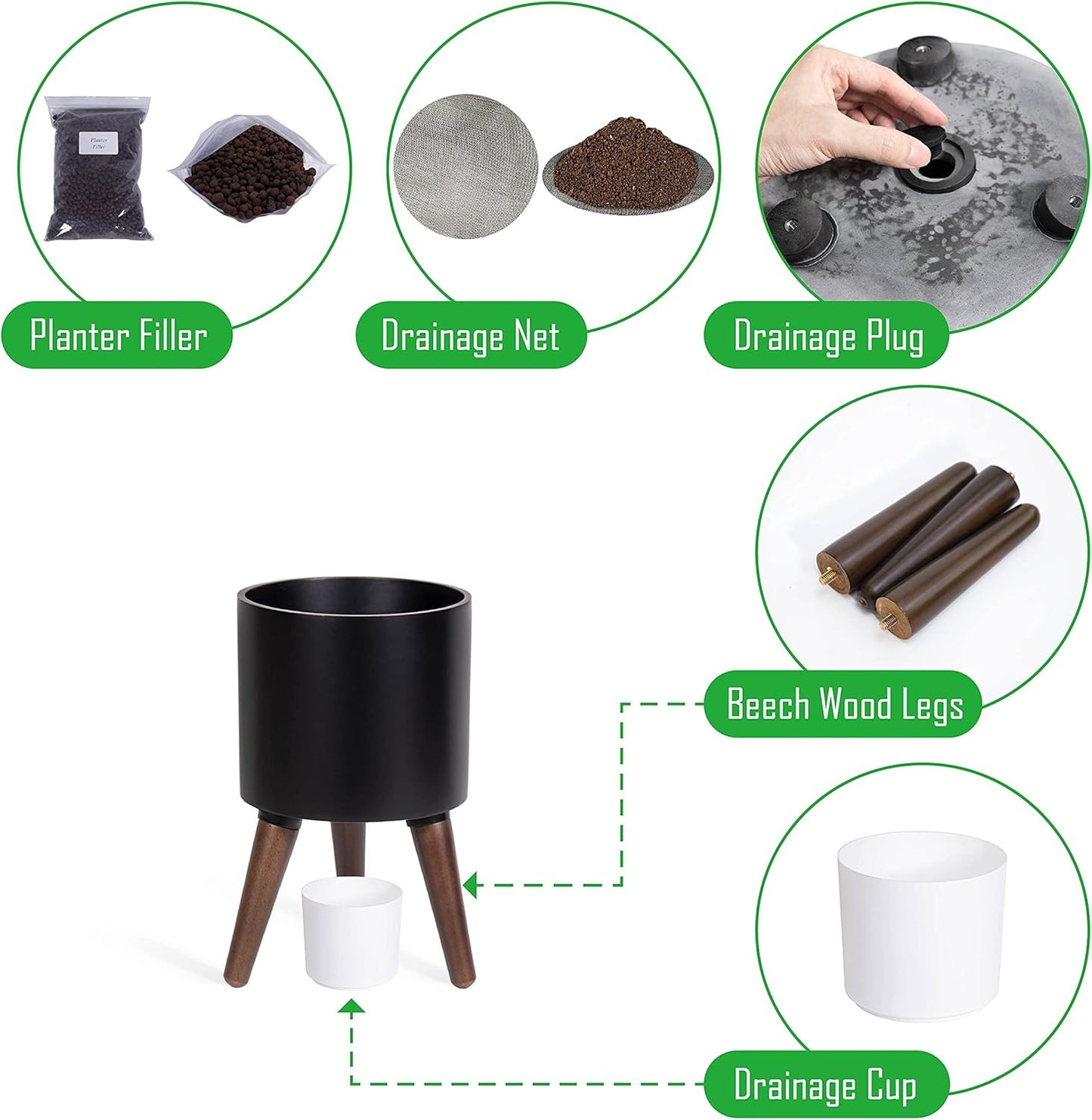 D'vine Dev 8 Inch Planter Pot with Stand, Mid-Century Tall Plant Pot with Legs for Indoor Plants, Small, Black, 88-O-A-2