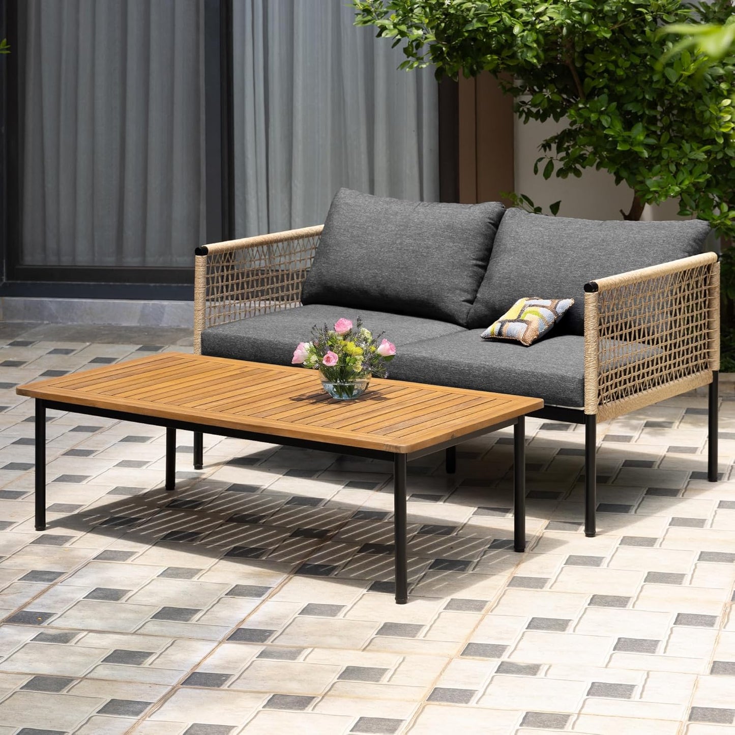 Idzo Oscar Wicker Metal Loveseat with Coffee Table – Black, 2-Seater Outdoor Sofa Set for Small Patios, Balcony or Garden, Heavy-Duty Love Seat Couches for Relaxing and Entertaining