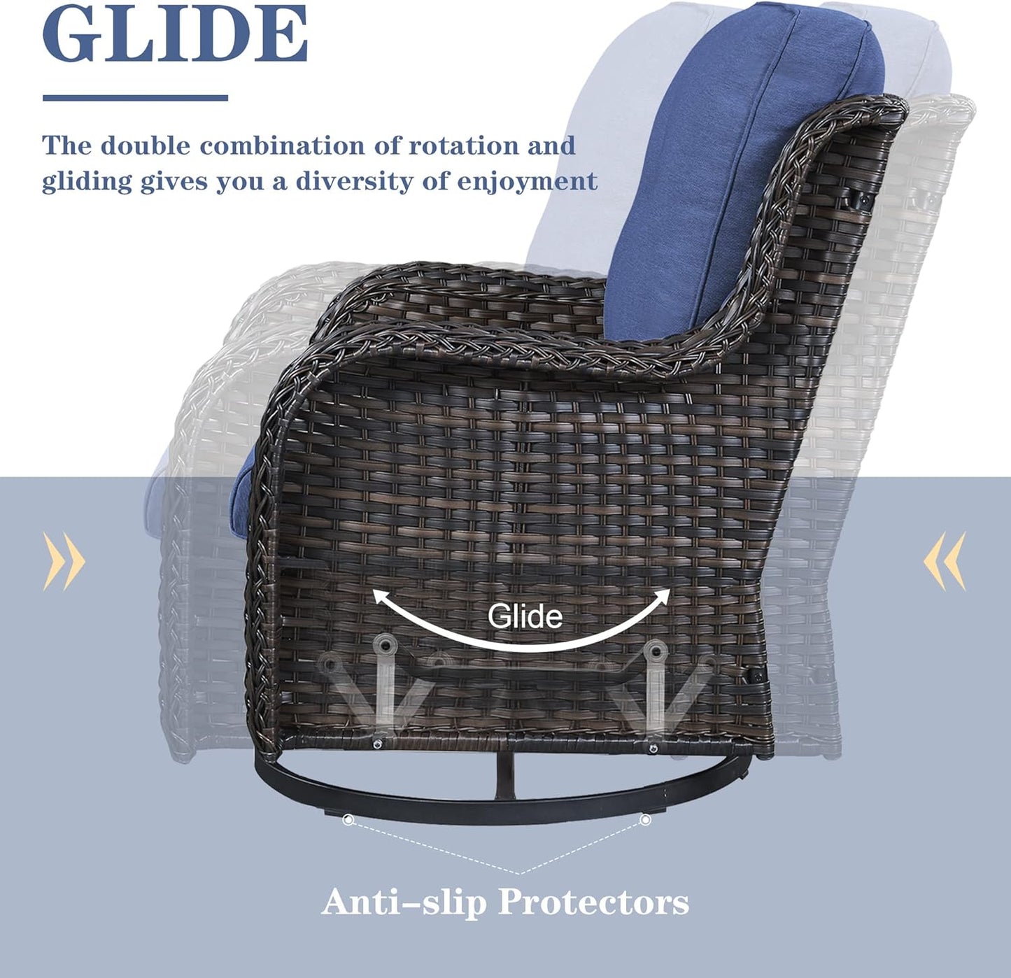 Outdoor Sectional Sofa Furniture Set with Propane Fire Pit Table, Wicker Patio Conversation Set with 2 Swivel Glider Rocker Chairs Blue Cushion Perfect for Backyard Casual Gathering