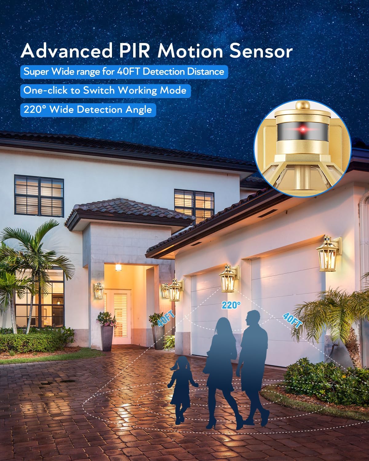 VIANIS Outdoor Wall Lights Lantern, 2 Pack Gold Motion Sensor Proch Light, Dusk to Dawn Weather Resistant Exterior Lights for House Sconce, Waterproof Garage Lights with Clear Glass Shade