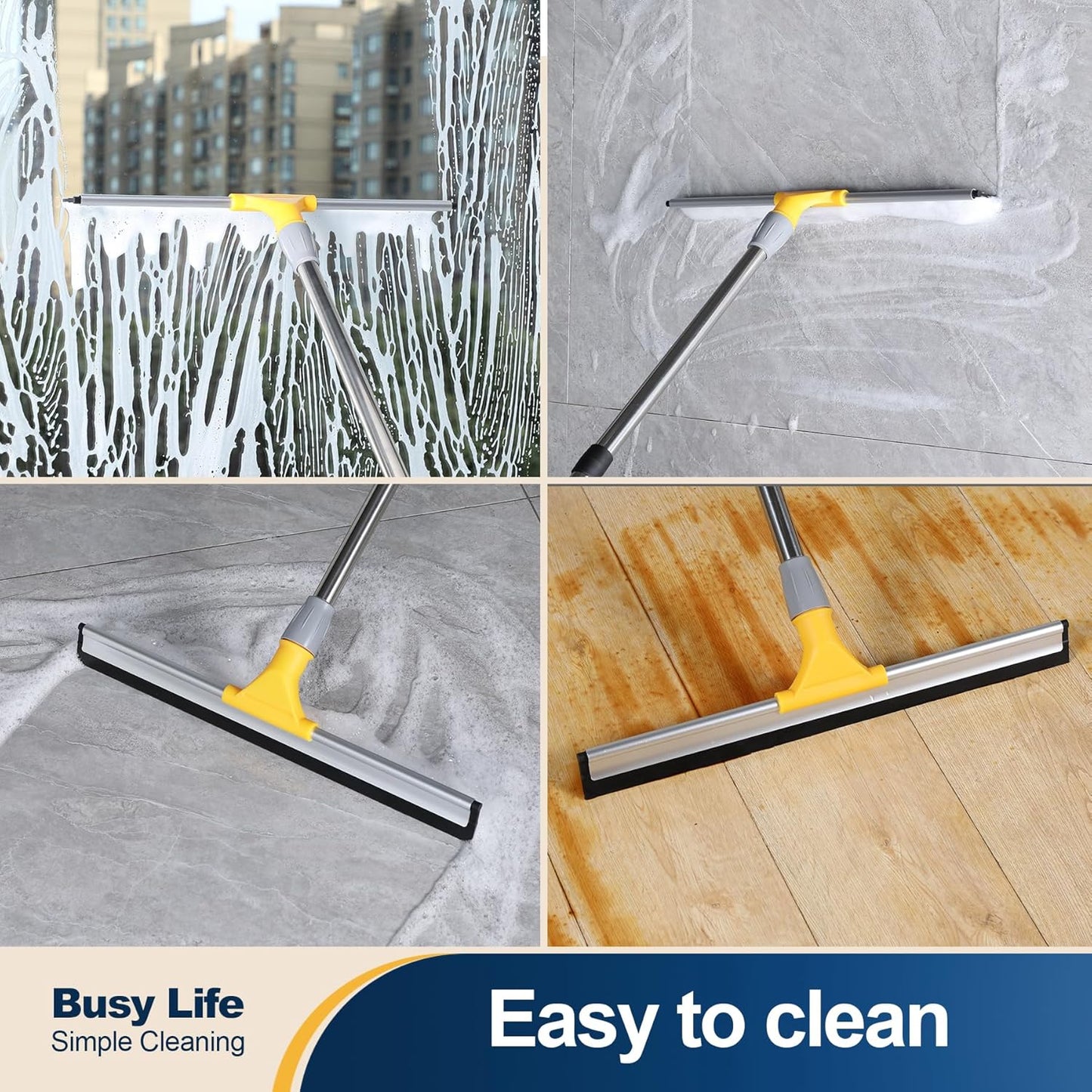 Yocada 17.7" Floor Squeegee Rubber TPR Blade Scrubber Broom 61.8inch Pole Household Broom for Garage Courtyard Shower Bathroom Floor Marble Glass Tile Water Foam Pet Hair Removal Cleaning