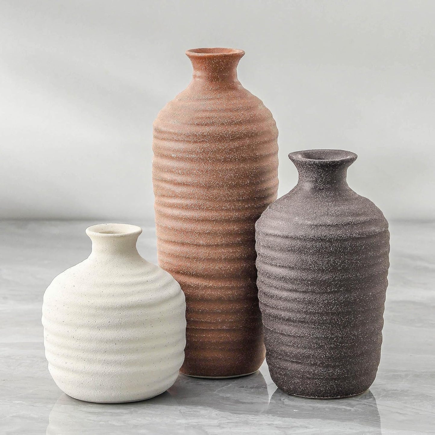 Ceramic Vase Set of 3 Neutral Decorative Vase for Farmhouse, Boho, or Rustic Home Decor Pottery Vases for Pampas Grass Living Room Bedroom Table Mantel Entryway Shelf (01-Brown)