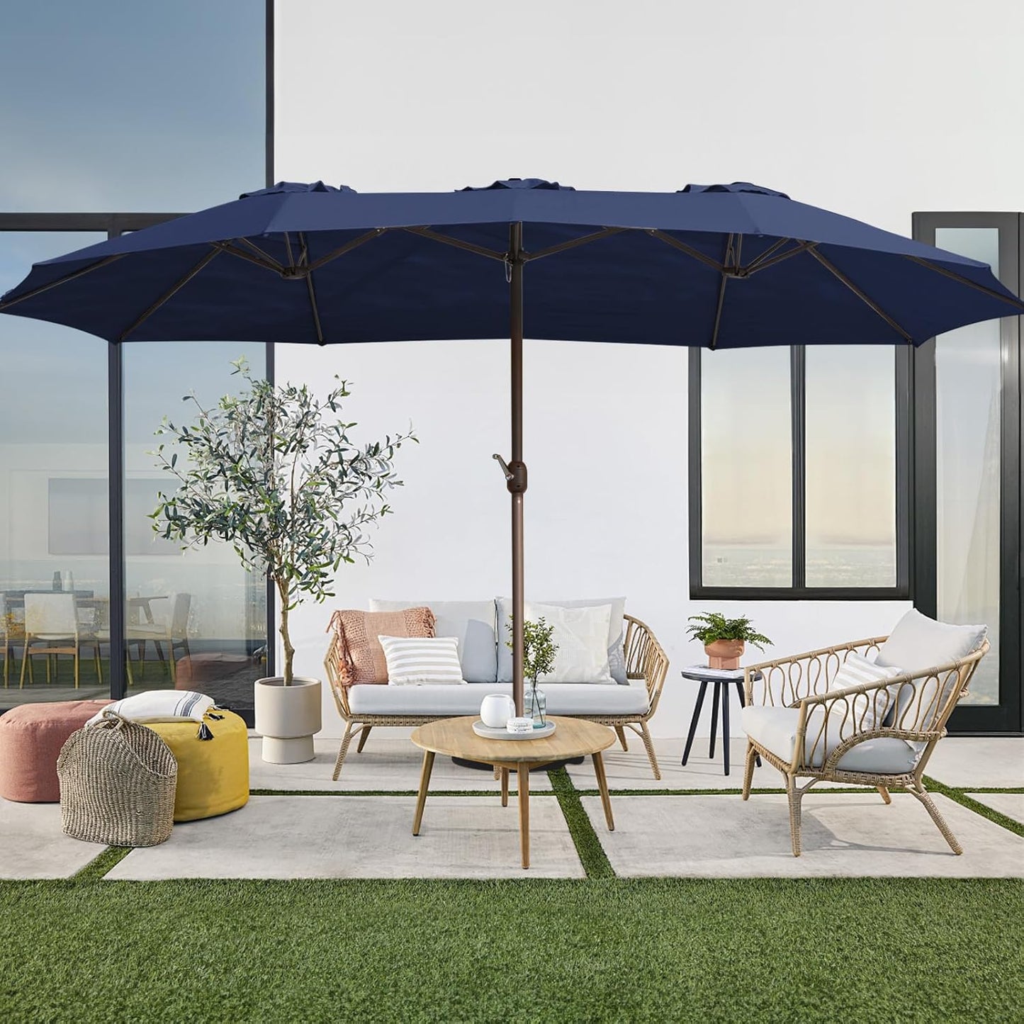 JEAREY 15FT Patio Umbrella Large Outdoor Umbrella Extra Double-Sided Market Umbrella with Crank Handle for Garden, Deck, Backyard and Pool, Navy