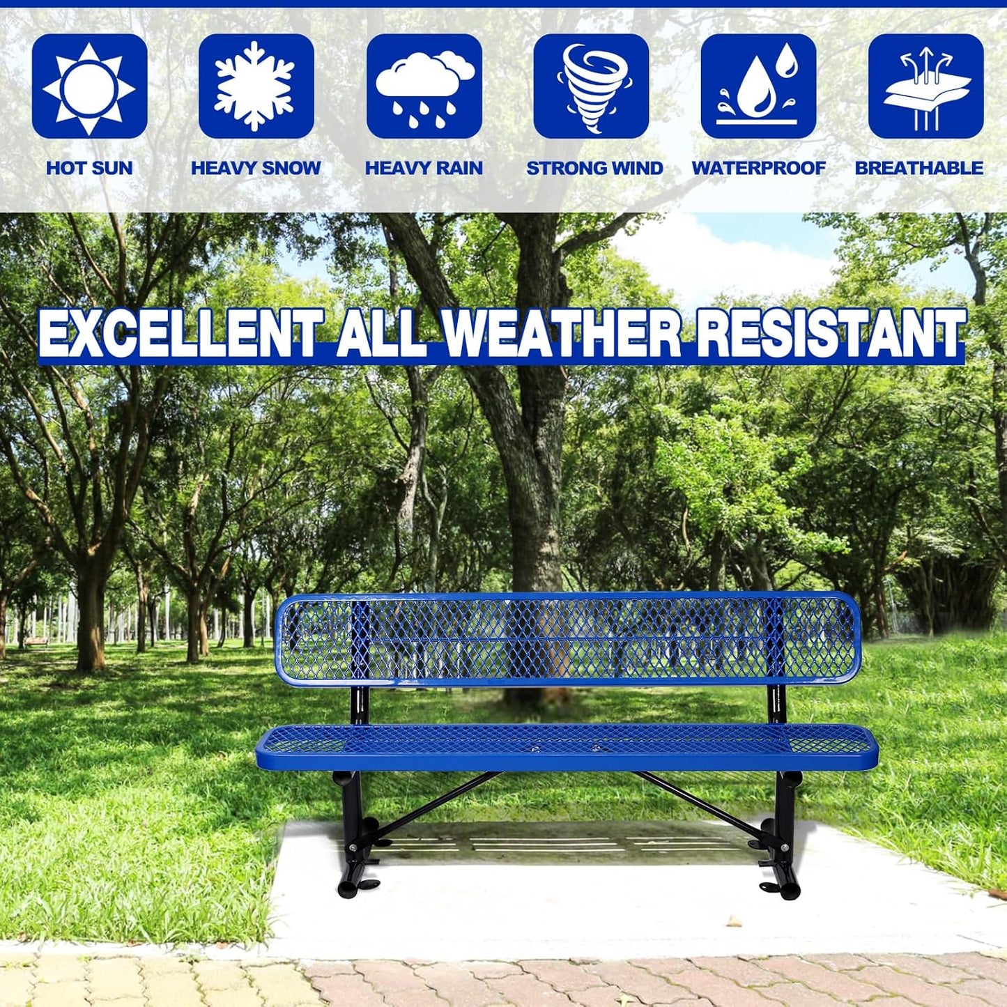 Outdoor Garden Bench, Cast Iron Metal Frame Patio Park Bench with Backrest, Portable Expanded Metal Black Bench, Commercial-Grade Outdoor Seating for Lawn, Patio, Park, Yard, Garden (Blue, 6FT/72')