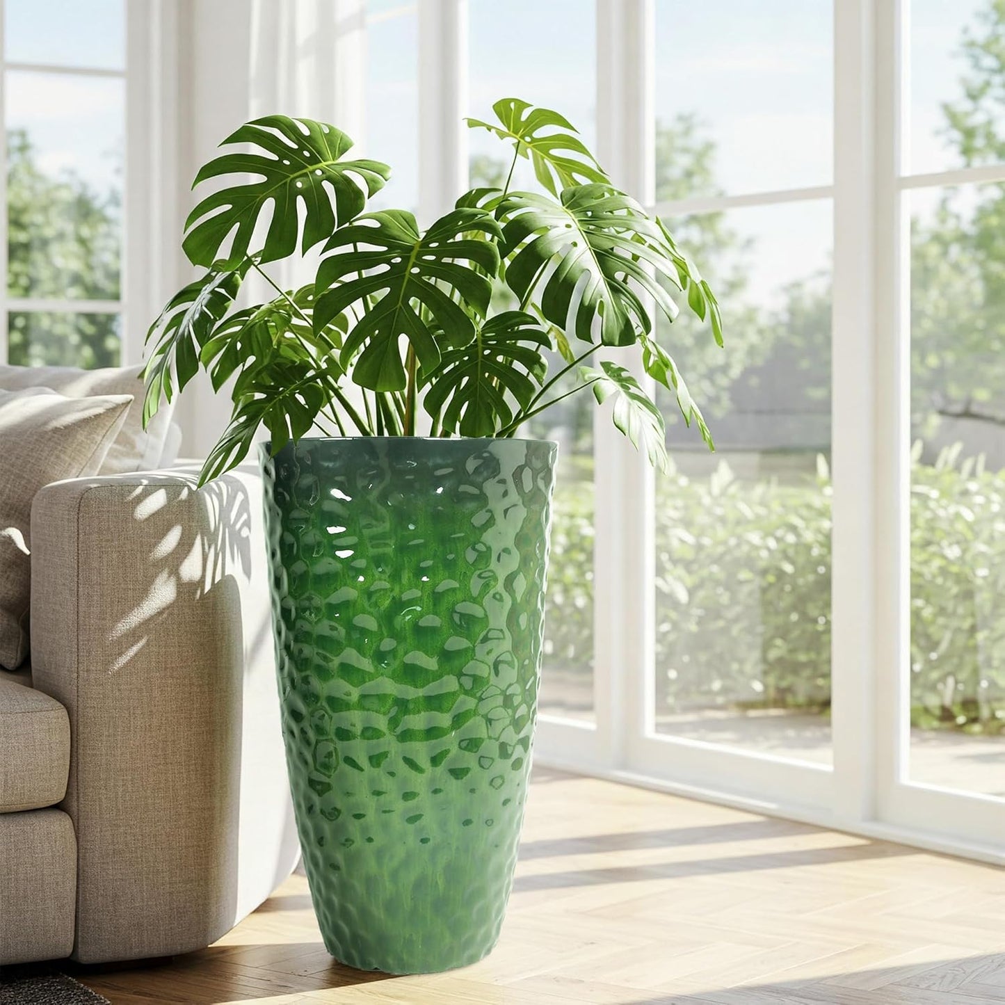 Worth Garden 14" Dia x 24" H Large Plastic Planters with Drainage Hole, Set of 2 Hammered Texture Green Glossy Smooth Finish, Tall Round Decorative Flower Plant Pot for Indoor Outdoor, Front Porch