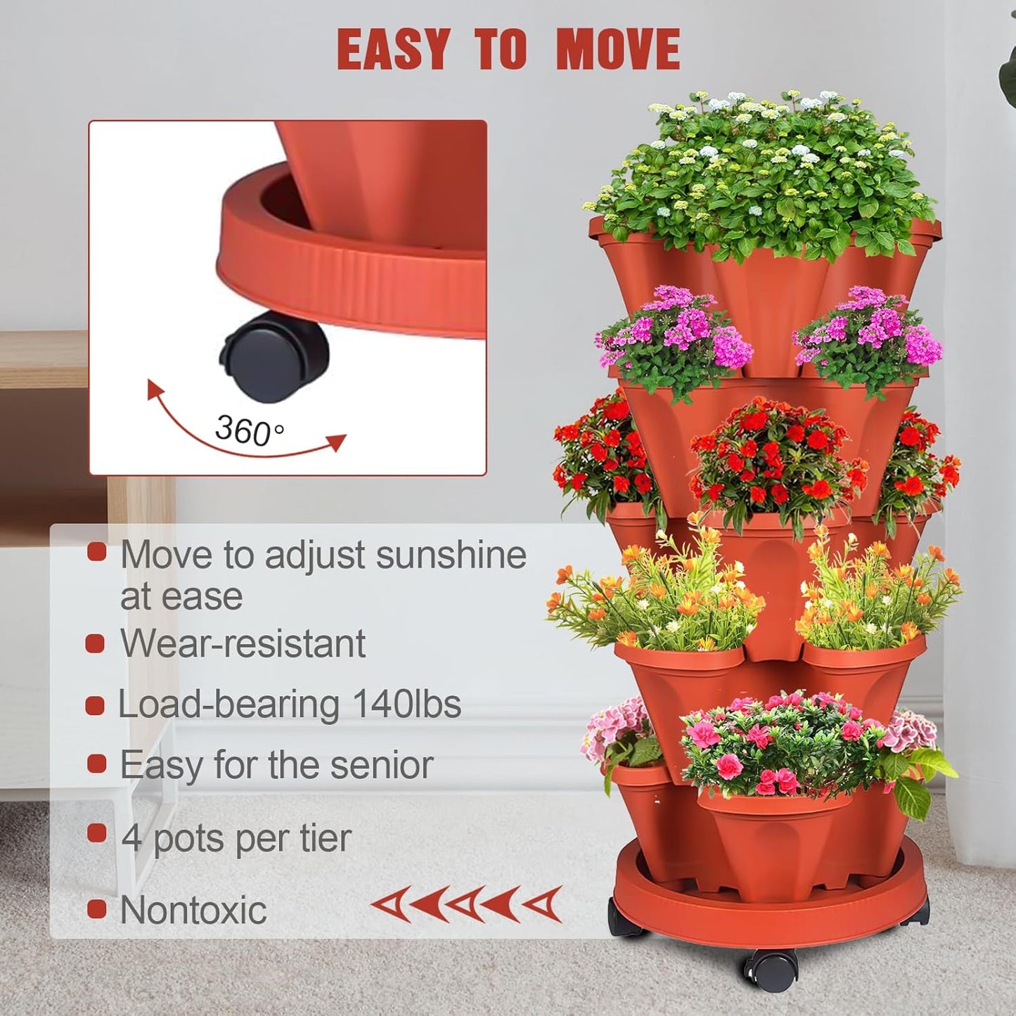 Vertical Strawberry Planter-5 Tier Stackable Herb Tower Planters Stacking Garden Planters Pot Outdoor with Tools Removable Wheels for Growing Flowers, Vegetables and Succulents