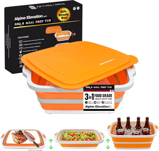 Collapsible Large (8L) BBQ Marinating Tub w/Cutting Board | Multipurpose Food-Grade TPE Prep Tub w/Lid | Built-in Colander & Drain Plug - for Camping | Tailgate | Picnic - Bold Orange