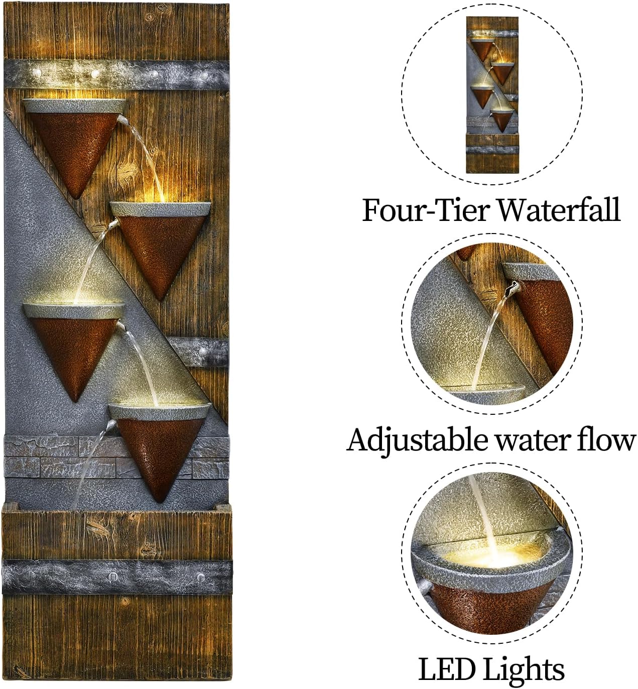 49.21" Outdoor Garden Water Fountain with Lights Floor-Standing 4 Tiers Cascading Large Waterfall Fountain for Patio, Backyard, Deck, Porch and Home Art Decor