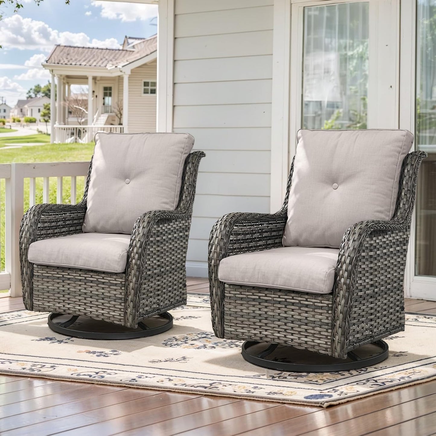 Outdoor Swivel Rcoker Patio Chairs - Outdoor Swivel Patio Chairs Set of 2 Wicker Chair Patio Furniture Sets with Covered Cushion for Porch Deck Balcony Garden, Beige