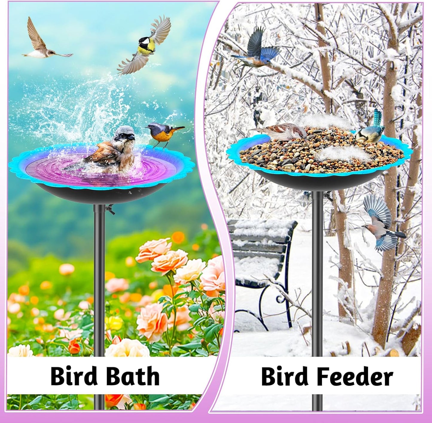MeyRoliz Metal Bird Bath for Outside, Detachable Birdbath Birdfeeder Bowl, Freestanding Birdfeeders Bird Bath Bowl for Garden (Blue-Purple)