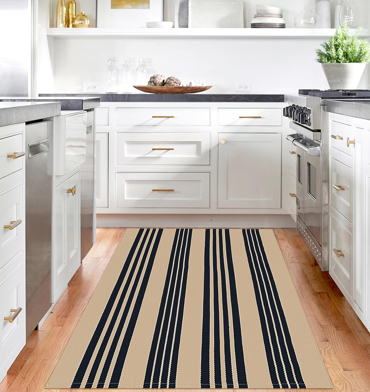 IOHOUZE Black and Tan Striped Rug 4'x6' Front Door Rugs Outdoor, Washable Area Rug for Double Front Porch, Large Patio Rug Outdoor Indoor, Doormat for Entryway Porch Entrance