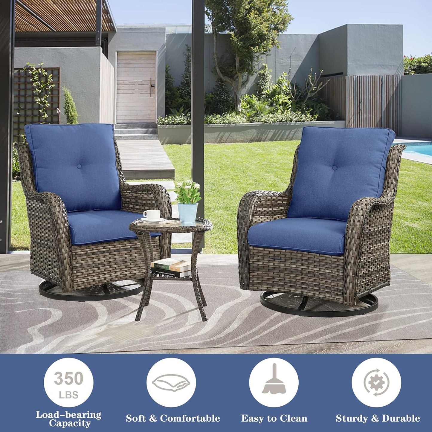 5 Pieces Patio Furniture Sets Wicker Outdoor Furniture, Rattan Patio Swivel Glider Chairs with 2 Ottoman and Glass Side Table