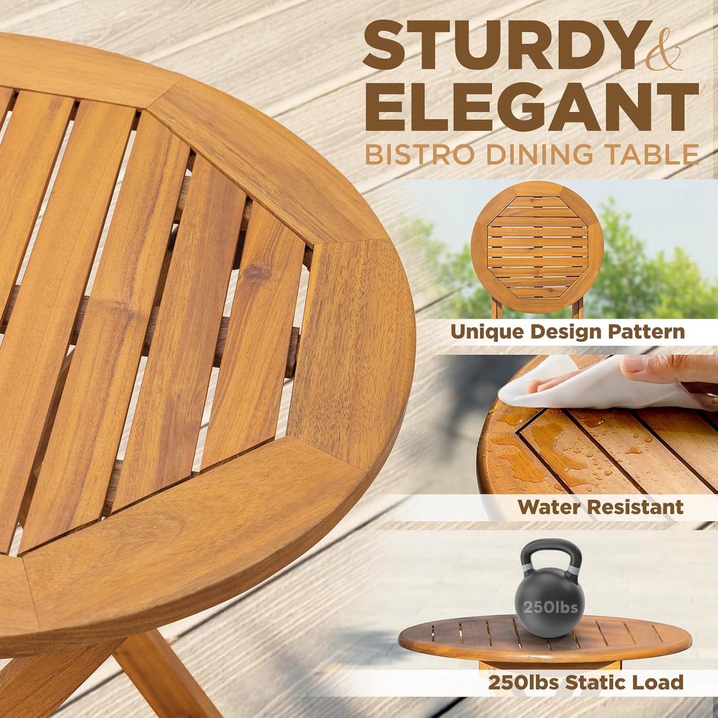 IDZO Wood Wicker Design Heavy Duty 400lbs Capacity Premium Patio Bistro Set 3 Piece Outdoor