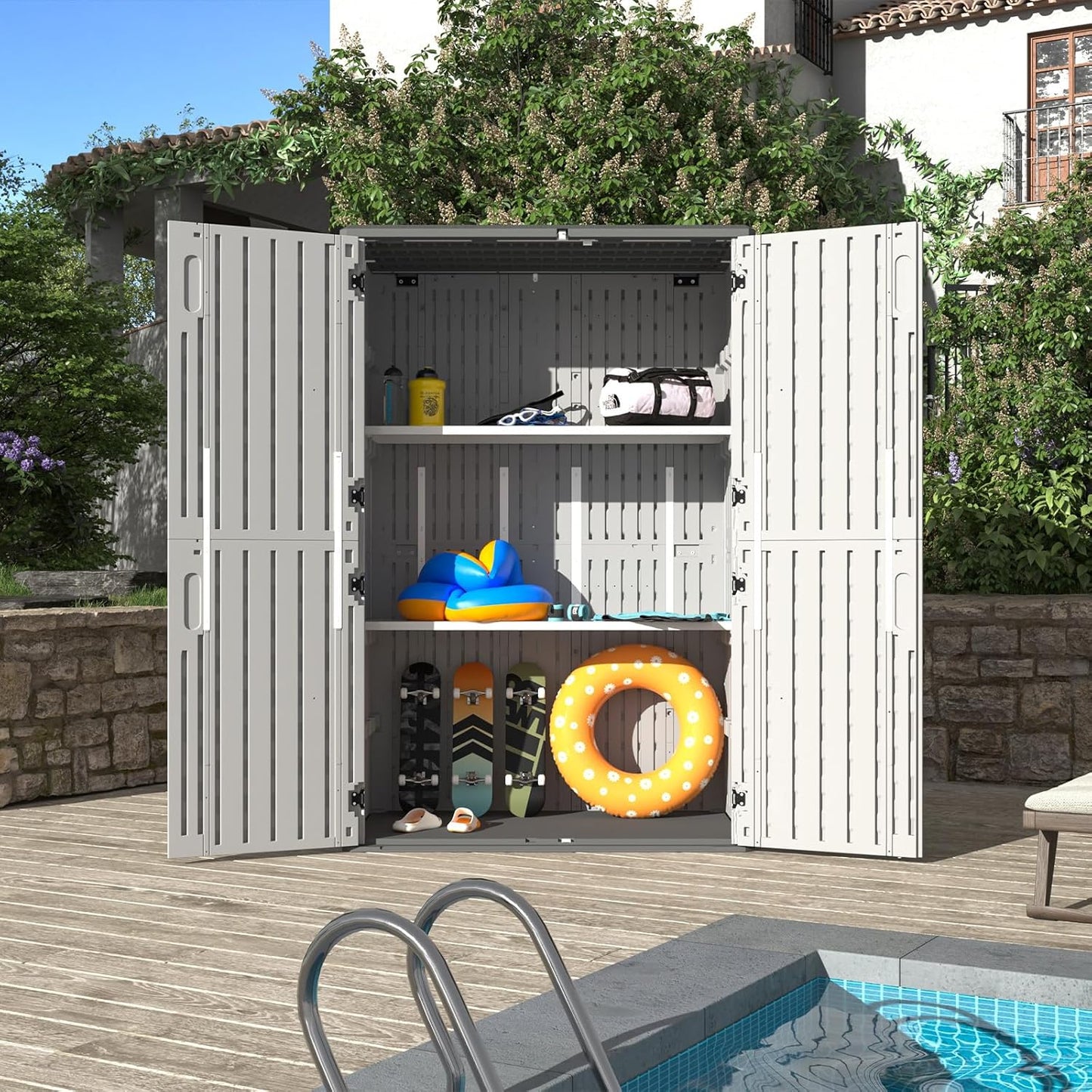 Aoxun 64 Cu.Ft Outdoor Storage Shed with Floor and 2 Shelves, Waterproof Horizontal Resin Cabinet for Garage Storage, Pool Storage, Bike Shed, Garden Shed