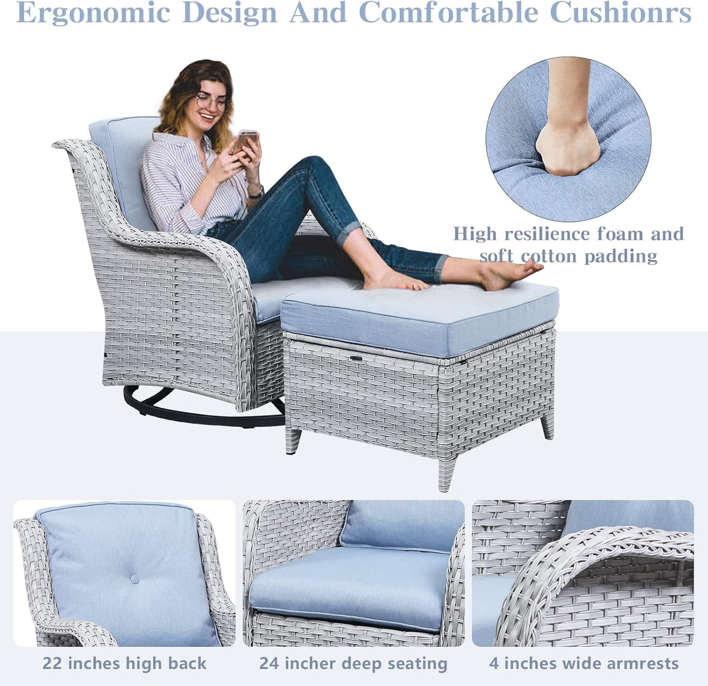 Wicker Patio Furniture Sets - 13 Piece Outdoor Rattan Furniture Conversation Sets with 4 Swivel Rocker Chairs, 2 Rattan Sofas, Wicker Ottomans and Coffee Table, Light Grey/Baby Blue