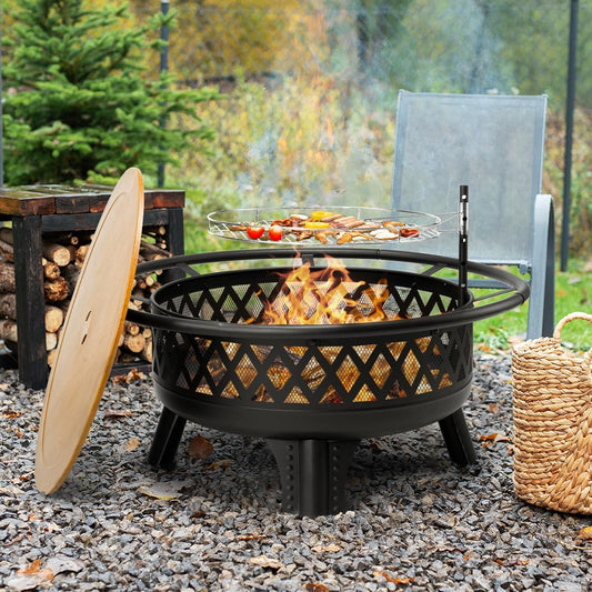 38 Inch Wood Burning Fire Pit for Outside, Round Firepit with Grill & Metal Lid, Metal Outdoor Fire Pit Table for Patio Backyard Garden Bonfire Party