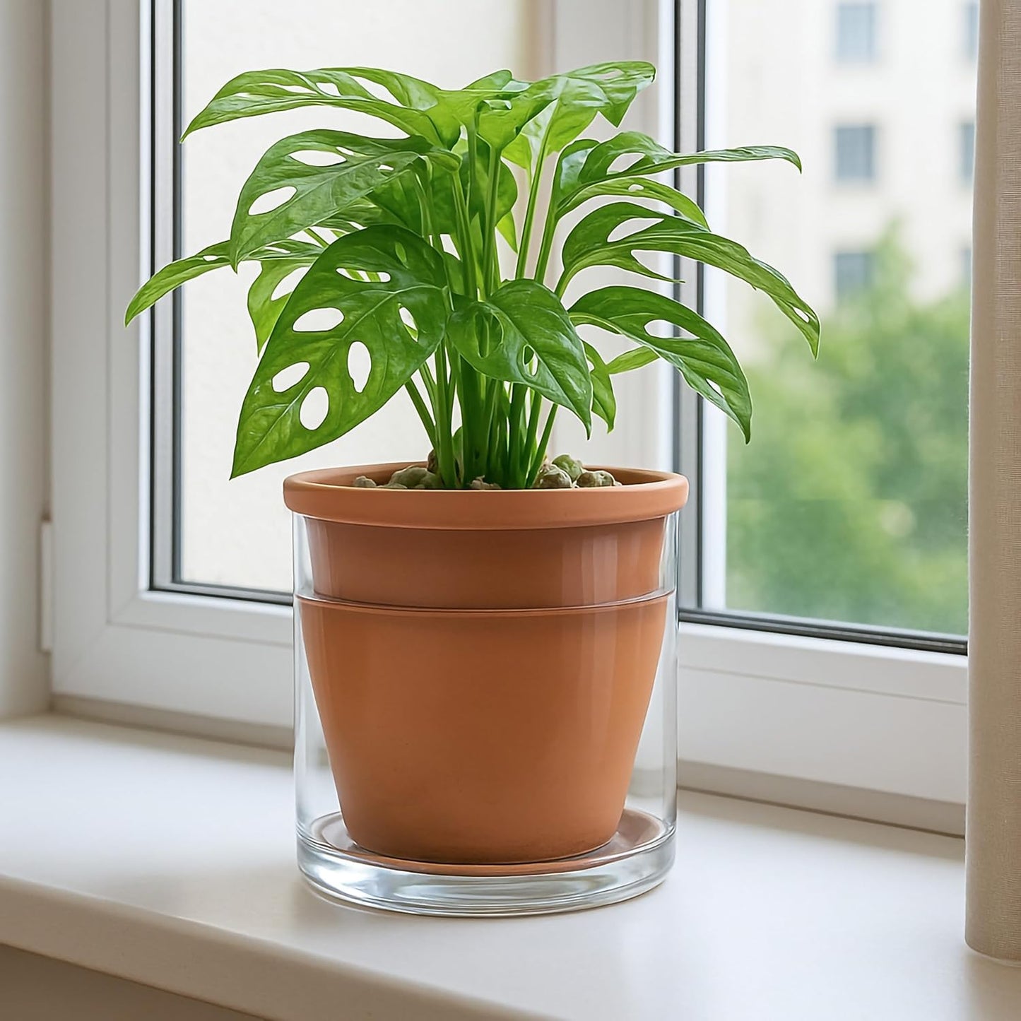 D'vine Dev 6 Inch Design Self Watering Pot for Indoor Plants, Terracotta Planter with Cylinder Glass Cup, 37-X-B-1