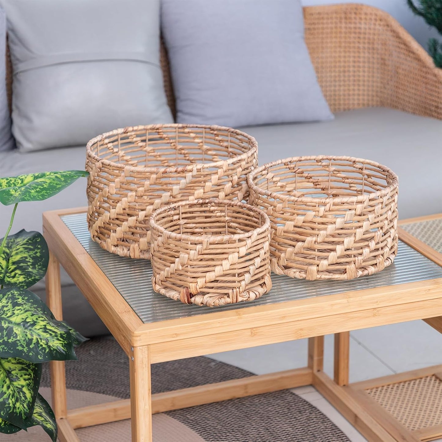Storage Baskets Natural Weave Handwoven Round Paper Rope Hyacinth basket Stackable writing desk Organizer for Home, Eco-Friendly Woven Decor Set of 3