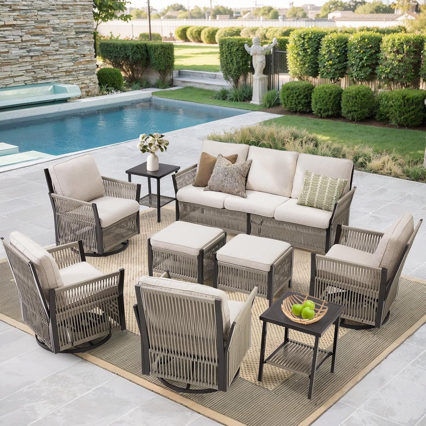 Patio Furniture Wicker Rope Outdoor Conversation Set, 9-Piece All Weather Patio Furniture Rattan Swivel Rocking Chairs w/Ottomans, Side Table for Backyard, Balcony, Deck, Beige