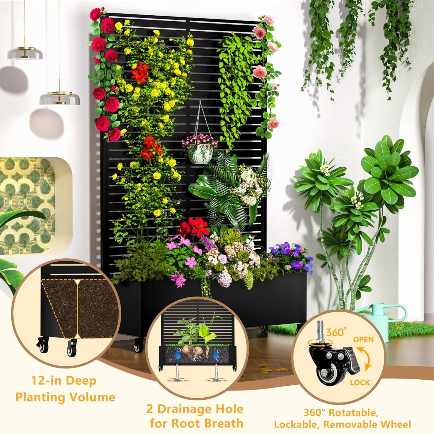 Metal Planter Box with Trellis Outdoor, 72.1"x47.2"x16" Galvanized Raised Garden Bed with Privacy Screen & Drainage Holes & Lockable Casters for Climbing Plants, Vegetable (Louvered-Black)