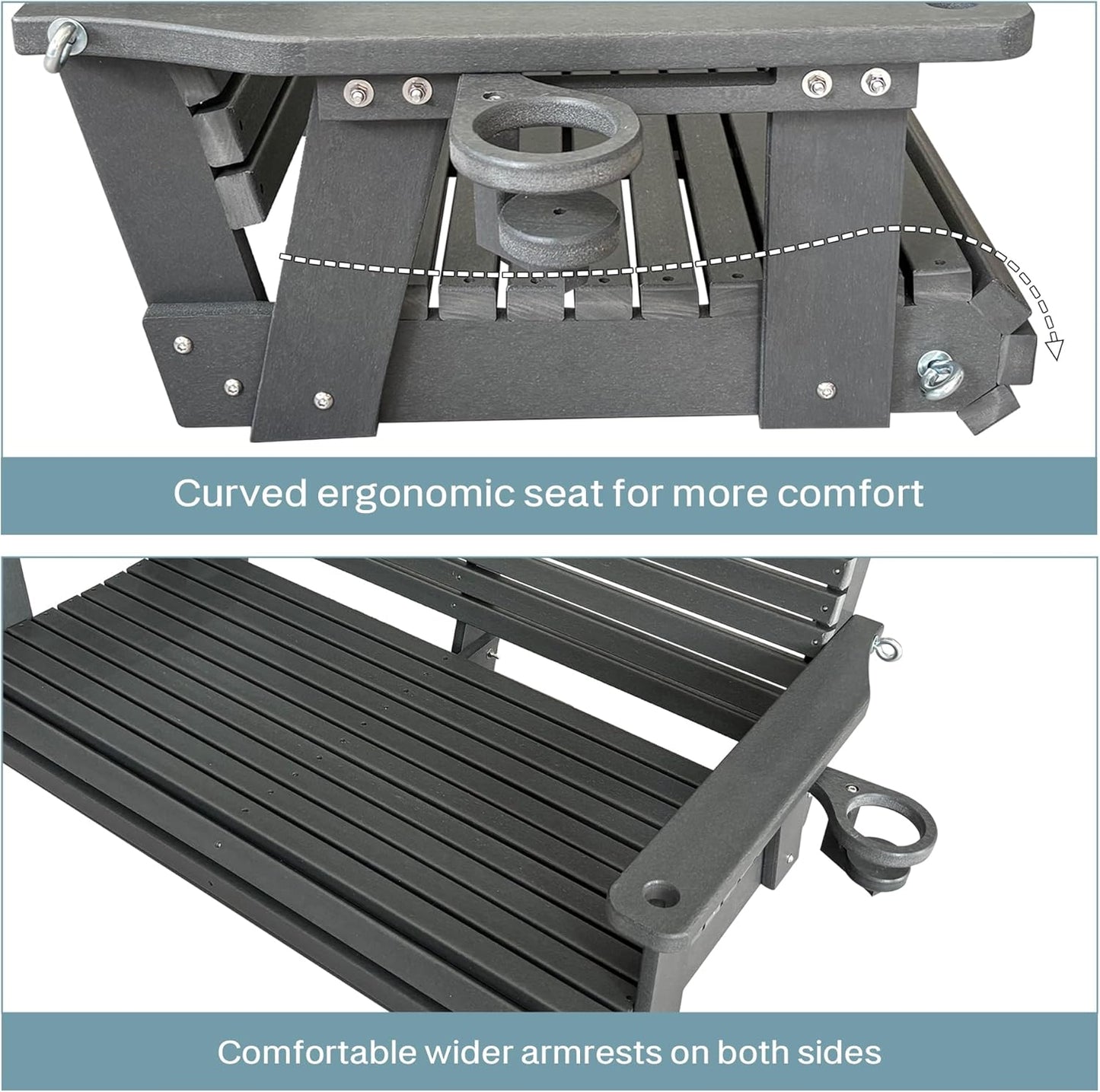 HDPE Porch Swing with 18/8 Stainless Steel Bolts, Ergonomic Design, Ultra Weather-Resistant, Heavy Duty 1200 LBS, for Outdoor Patio Garden Yard (Gray)