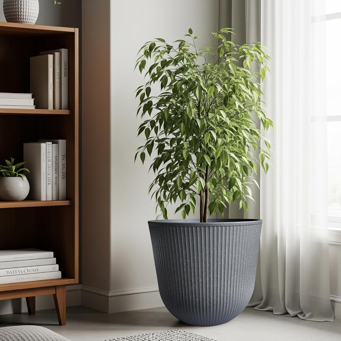 WORTH Garden Round Large Planter Pot Set of 2-17.5" Dia x 15.5" H - Durable Plastic Grey Plant Tree Pots with Vertical Stripe Textured Finish, Drainage Hole for Indoor, Outdoor, Front Porch, Patio