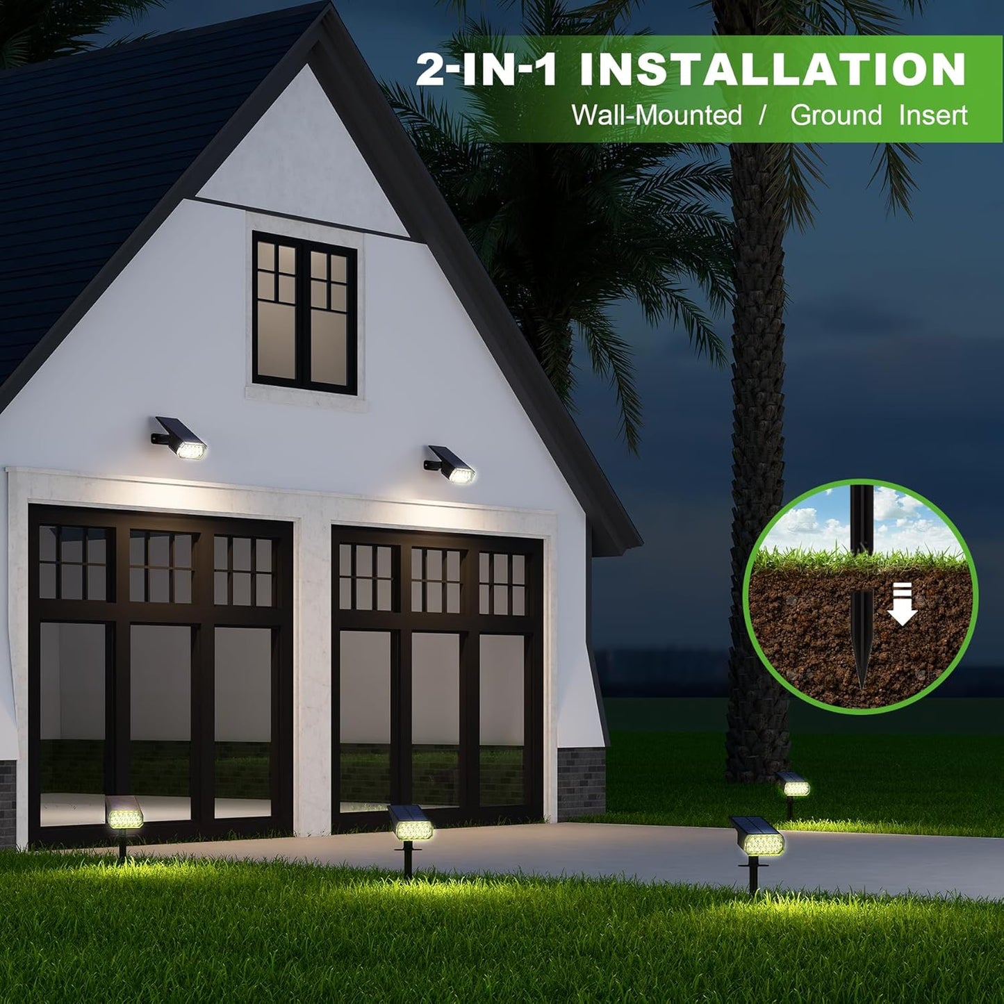 Solar Spot Lights Outdoor, 3 Lighting Modes Solar Outdoor Lights for Garden Yard Outside Landscape, 2 Pack Warm