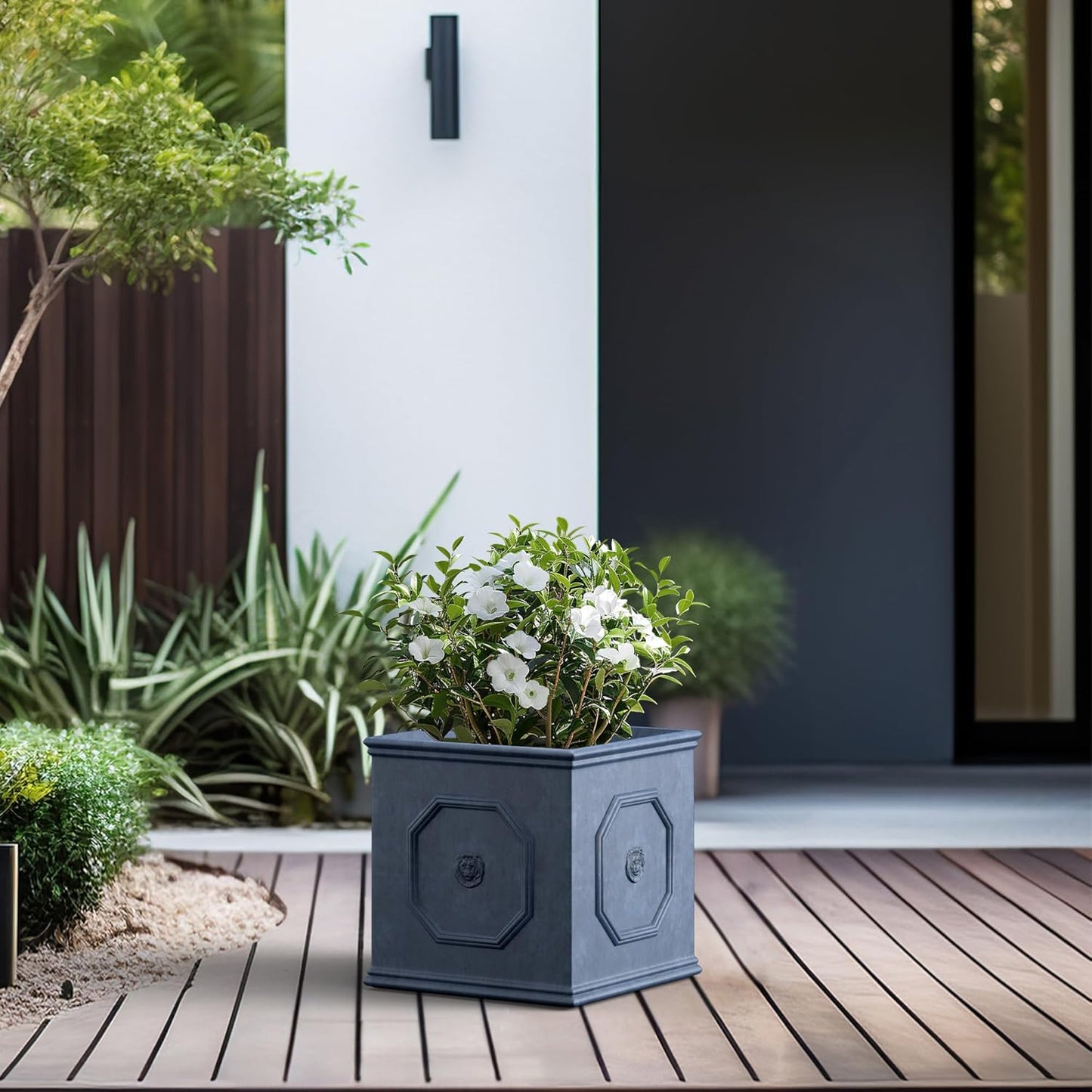 Kante Square Lion Head Concrete Planter, Classic English Style Plant Pot with Drainage Hole and Rubber Plug for Indoor Outdoor Garden Patio Home, 12.6"x12.6"x12.6" Gravel Gray