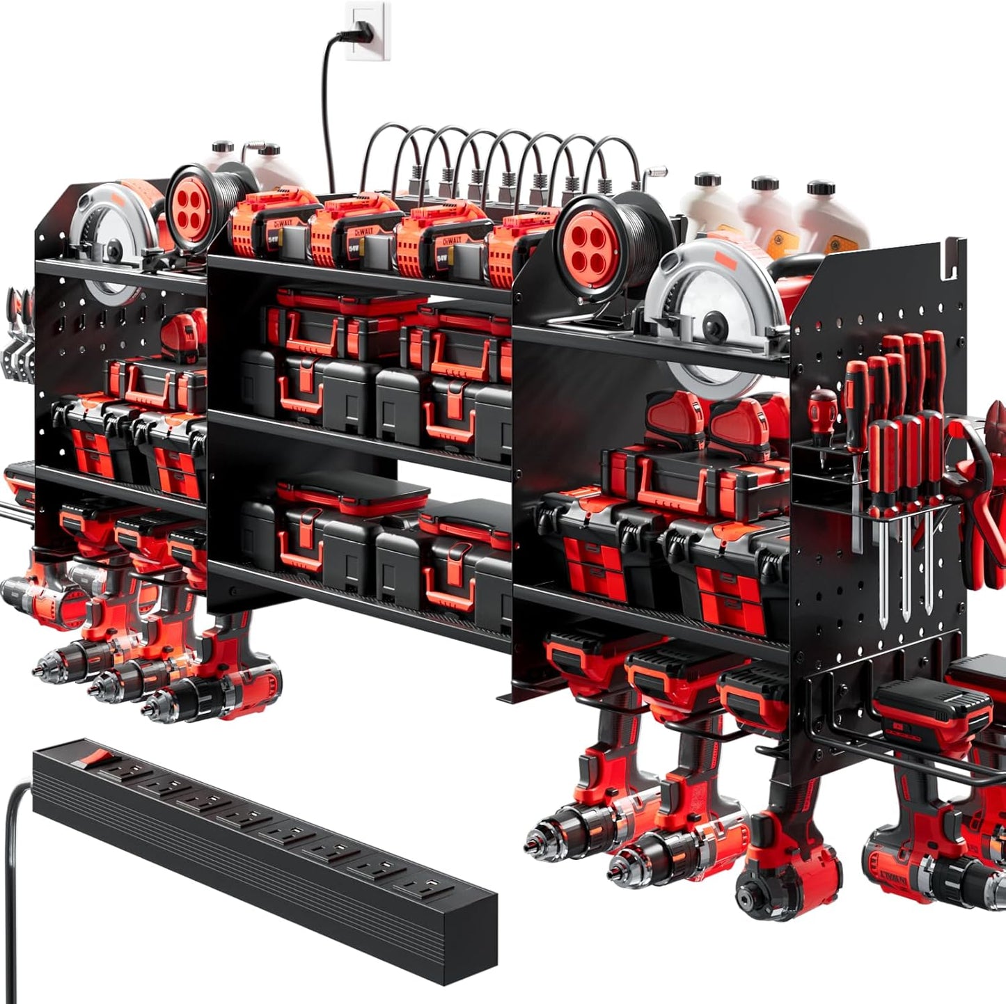 Upgrade Large Power Tool Organizer Wall Mount with Charging Station Tool Storage Rack with 6.5FT Power Strip 10 Drill Holder and Storage Rack for Garage Organization
