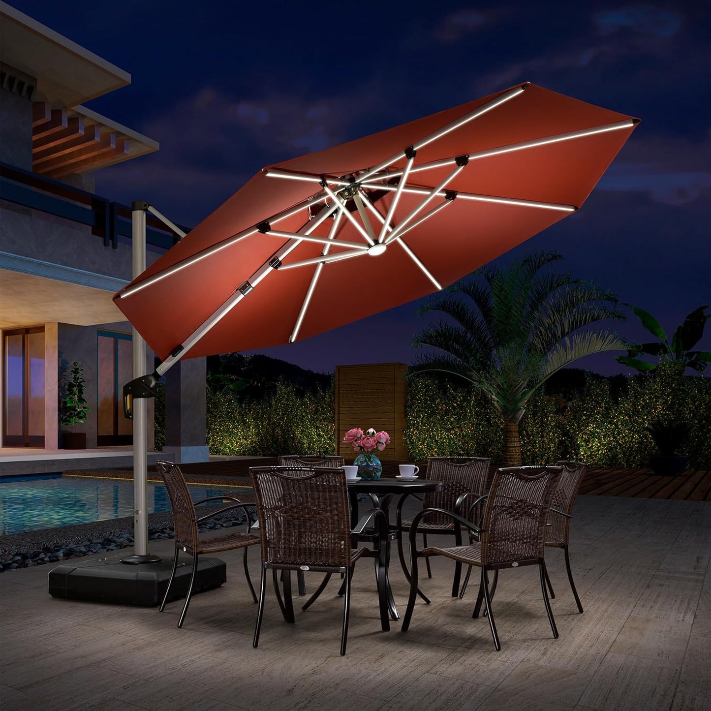 PURPLE LEAF 11ft Solar powered LED Patio Umbrella Outdoor Round Umbrellas Large Cantilever Umbrella with LED lights Windproof Offset Umbrellas Sun Umbrella for Garden Deck Pool Patio, Brick Red