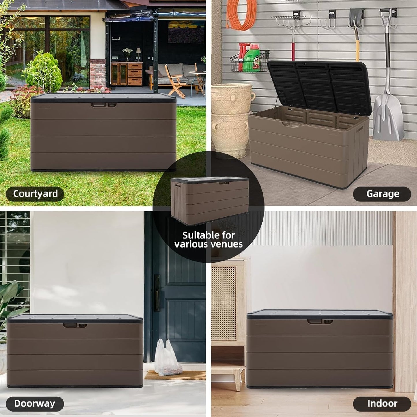 100 Gallon Large Resin Deck Box - Lockable Waterproof Outdoor Storage Bench for Patio Cushions, Garden Tools & Pool Accessories - Wood-Look Texture, Weather-Resistant for Backyard & Porch
