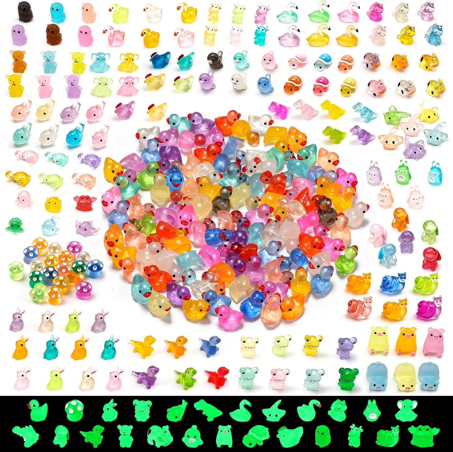 300 Pcs Luminous Mini Resin Animal in The Dark Mini Resin Figurines with 25 Styles Duck Frog Rabbit Owl Mushroom Shapes for Fairy Garden Accessories Micro Landscape Bonsai Aquarium Outdoor Decor