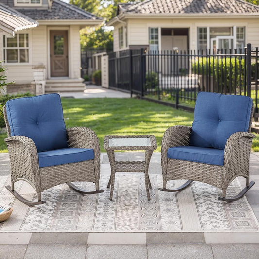 HUMMUH Outdoor Bistro Set-High Back Outdoor Rocking Chair with Side Table Patio Table and Chairs Set for Deck Lawn Porch Balcony Poolside-Grey/Blue