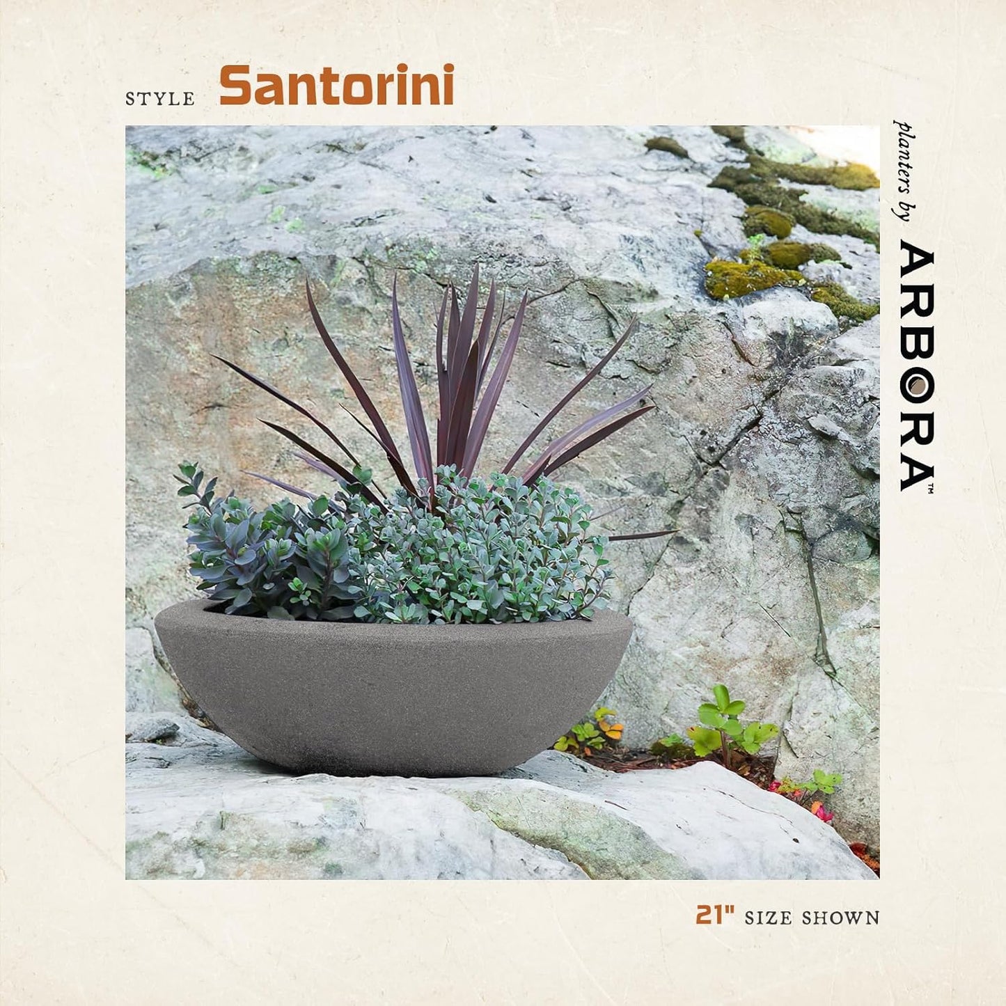 ARBORA 21" Santorini Bowl 2-Pack with Stone Blend Concrete Gray Finish - Polyresin Indoor and Outdoor Planters, Durable, Weatherproof, Lightweight, Large Plant Pots for Patio, Garden, Deck, Entryway